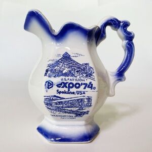Expo '74 Blue and White Ceramic Pitcher